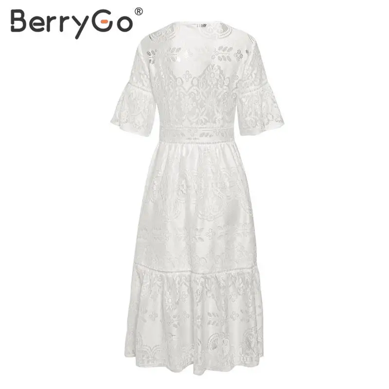 BerryGo, белое кружевное платье, элегантное, v-образный вырез, высокая талия, с рюшами, летние платья для женщин, леди, весна, шикарное, вечернее платье, vestidos