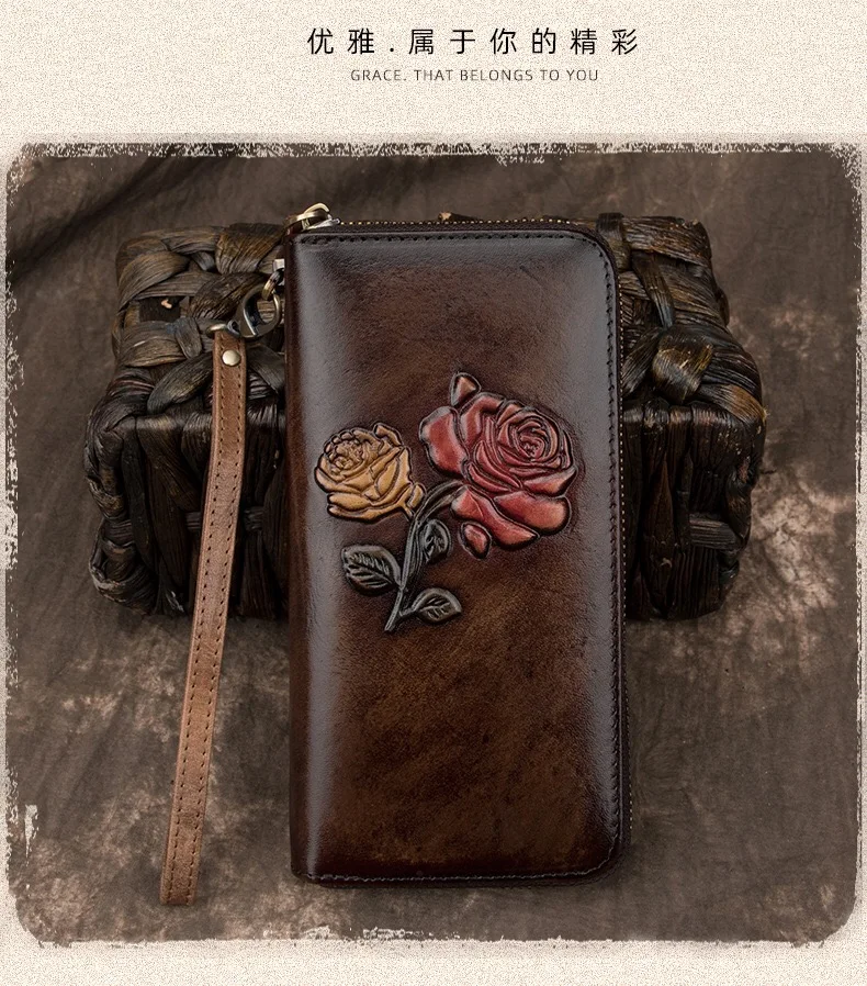 cossroll New first layer cowhide wallet long zipper ladies leather card bag large capacity European and American clutch bag