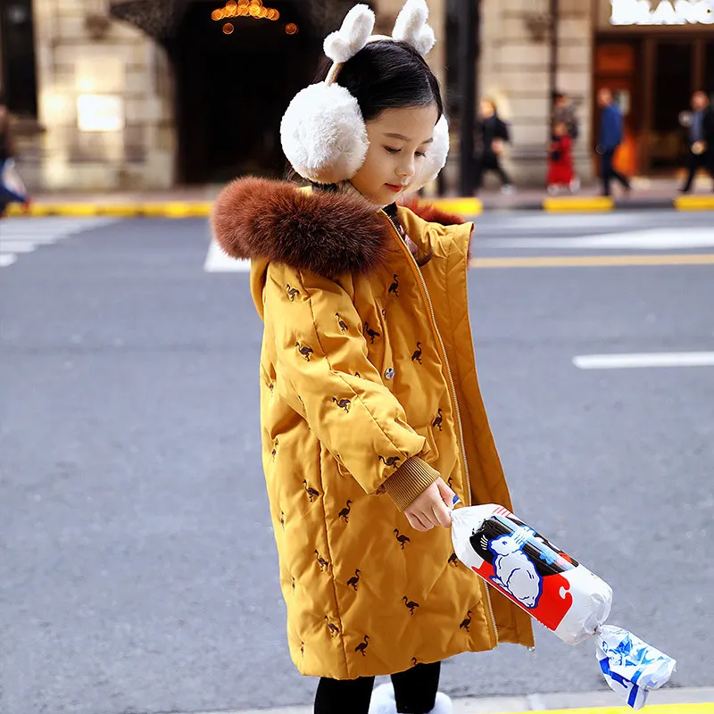 Зимний теплый Детский пуховик Одежда для маленьких девочек зимняя куртка для девочек зимнее пальто с меховым капюшоном - Цвет: yellow