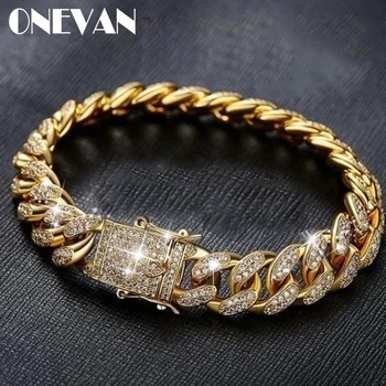 

Fashion Men Women Gold Silver Color Bracelet Hip Hop Punk Style Cuban Paved Clear Rhinestones Bangles for Mens Gift
