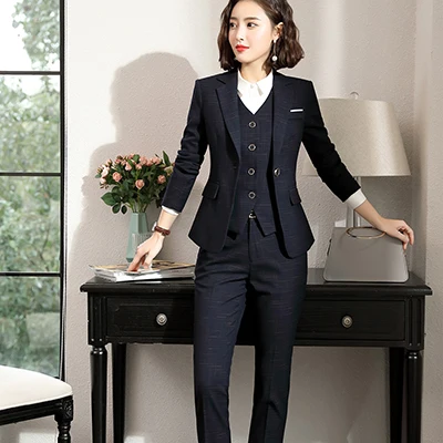 Dark Blue Suits Осень-зима женский брючный костюм OL формальный деловой Тонкий длинный рукав Блейзер жилет и брюки наборы рабочие костюмы - Цвет: Dark Blue Suits