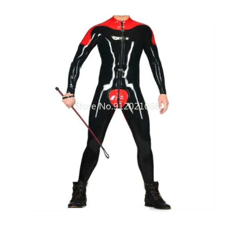 

Handmade Men's Black and Red Latex Rubber Catsuit with Crotch Zip Tight Bodysuit Garmen Club Wear Jumpsuit Gummi 0.4mm