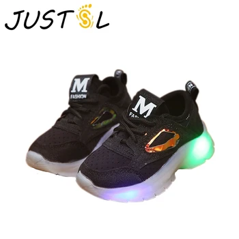 

JUSTSL Fall Boys sneakers Lamp Shoes Baby Boys Girls Mesh Breathable Elastic Cloth LED Flash Shoes Kids Fashion Sneakers