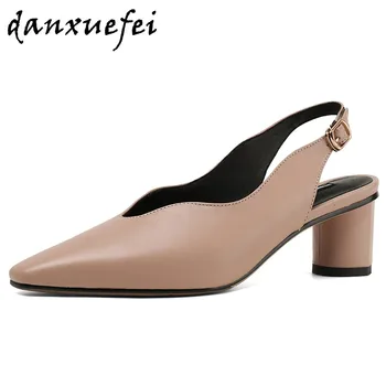 

3 Color plus size 33-43 women's genuine leather slip-on pumps med heel comfortable slingabck summer female dress sandals shoes