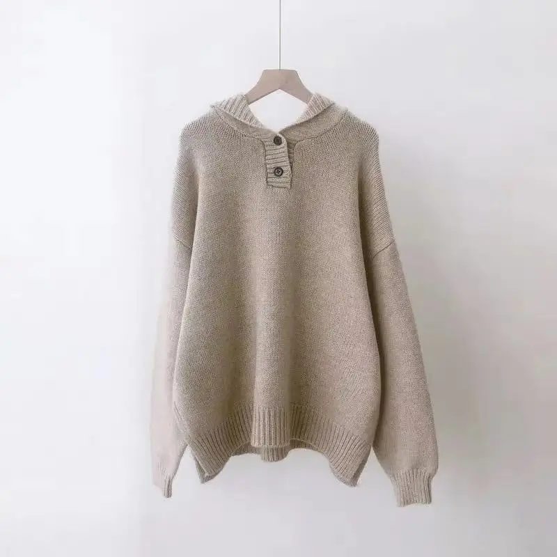 

H.SA Women Oversized Hooded Sweater and Jumpers Long Sleeve Knitted Pullovers Button Up Purple Sweater Pull Femme jersey mujer