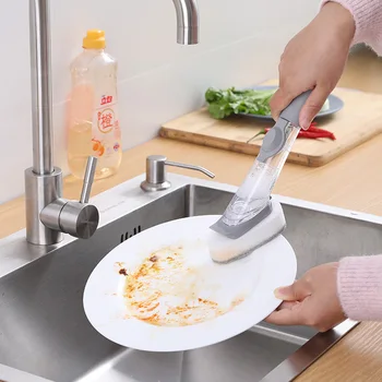 

2 in1 Long Handle Cleaning Brush Kitchen Clean Tools with Removable Brush Head Sponge Soap Dispenser Dish Washing Brush Set