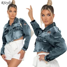 

RStylish Frayed Ripped Hole Denim Jacket Women Bombers Coat Vintage 2022 Autumn Casual Streetwear Hip Hop Outwear