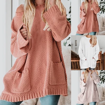 

Womens O Neck Pullover Sweaters Long Sleeves Loose Knit Tops with Pockets
