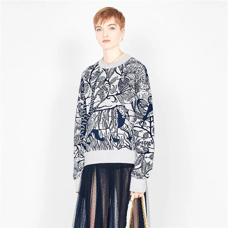 Дизайнер подиума тигровый Жаккардовый Пуловер женский винтажный круглый вырез