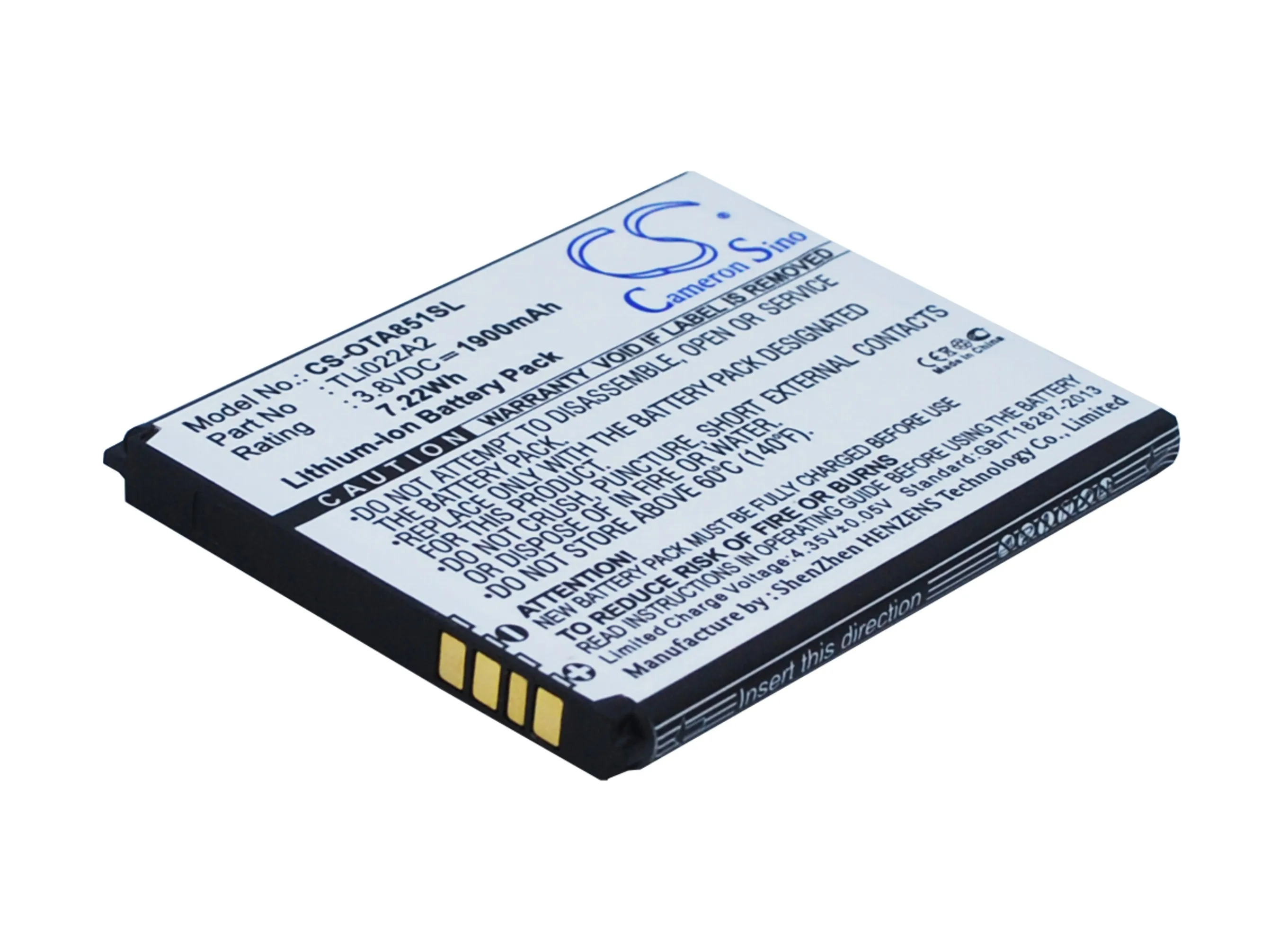 Обновленная батарея Cameron Sino для Alcatel TLi022A2 One Touch Sonic, OT-A851L 1900 мАч/7.22Wh