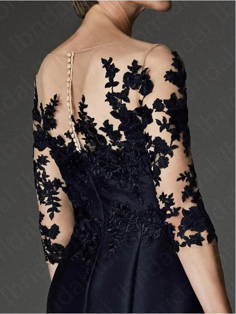 Gorgeous Prussian Blue Knee Length Mother of the Bride Dresses Lace Applique with Three Quarter Sleeves Wedding Guest Gowns 2021