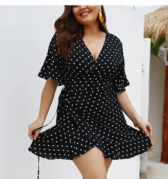 

2020 Women Loose Summer Dot Ruffles Sexy Chiffon Belt Dress Large Big Lace Flare Full Sleeve Elegant Party Dresses Plus Sizes