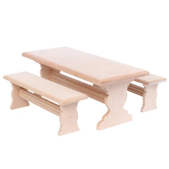 

1:12 Dollhouse Mini Wooden Long Dining Table and 2 Bench Set Furniture Parts