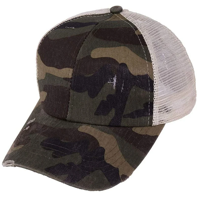 

Washed Ponytail Baseball Cap Women Distressed Outdoor Sun Protection Hat Solid Color Cap--Camouflage