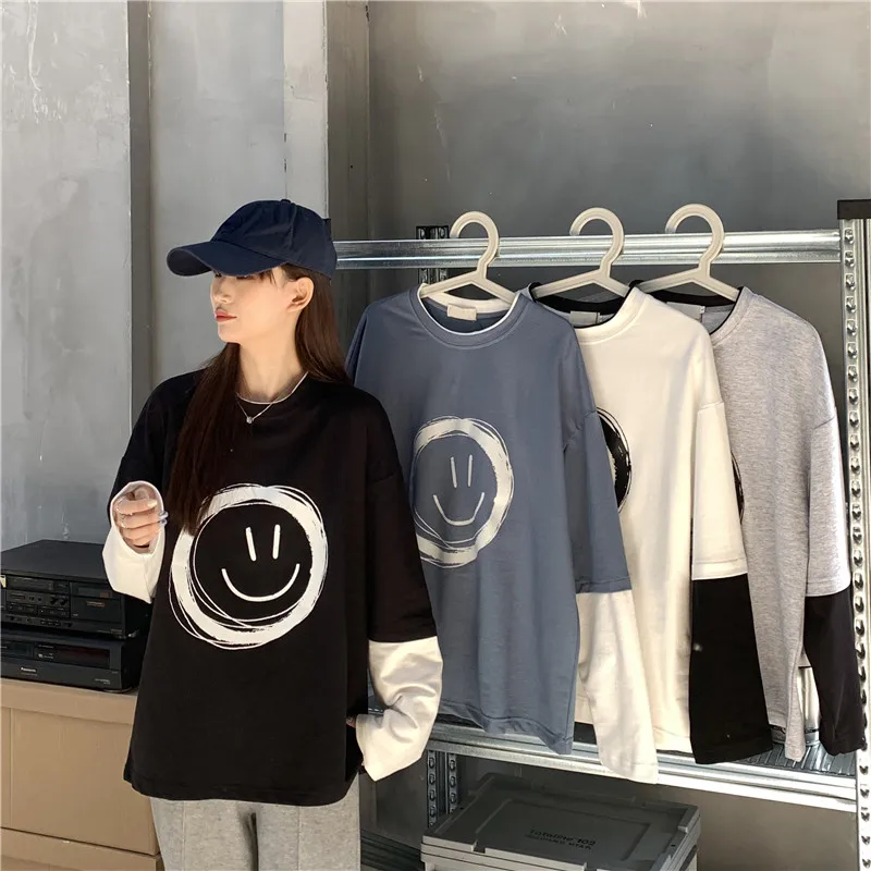 

Thin autumnHarajuku Smiley Print Fake Two T-shirt Women's Japanese Kawaii Ladies Clothes For WomenFemale Korean topnew fashion