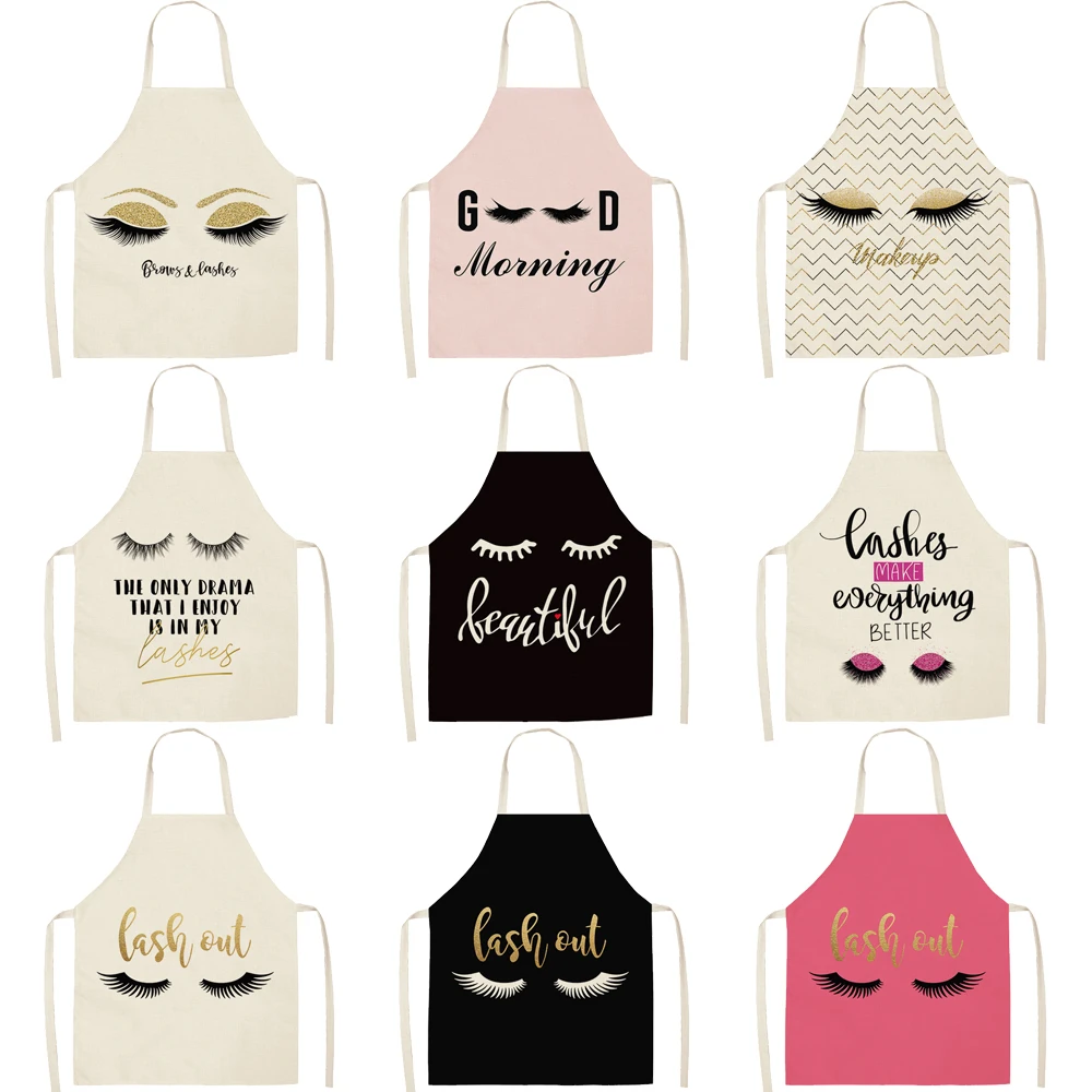 FYMX Cute Eyelashes Aprons For Woman Letter Print Cooking Apron For Family Home Cleaning Tools