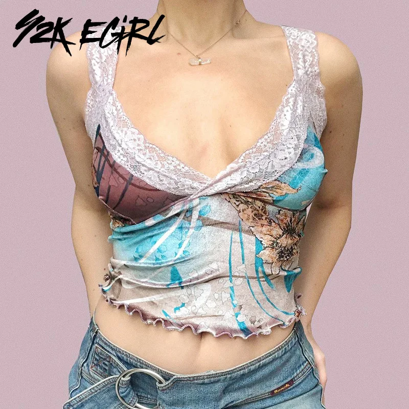 

Y2K EGIRL Vintage Graphic Printing Lace Trim Cami Tops 2000s Aesthetics V-neck Spaghetti Strap Ruffles Cropped Tops Streetwear