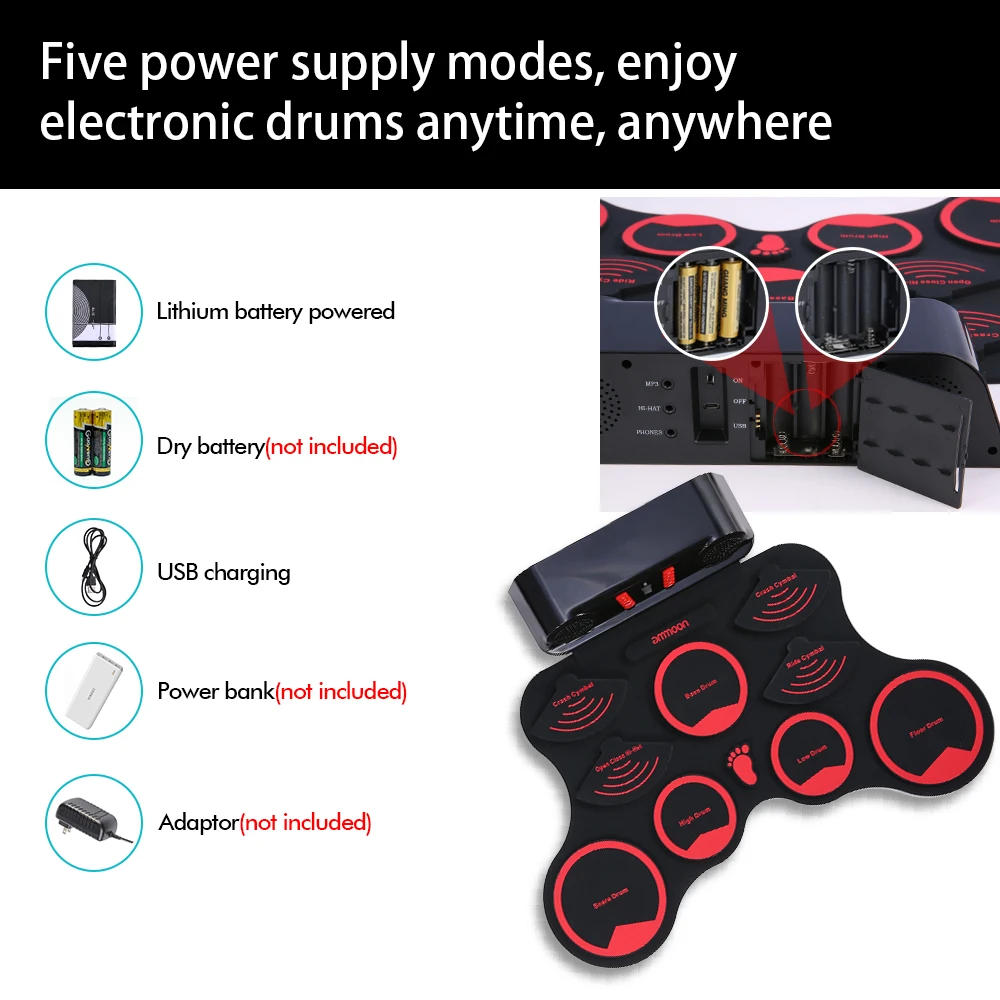 

Hot New Portable Electronic Drum Set Digital Roll-Up MIDI Drum Kit Built-in Stereo Speakers Lithium Battery with 2 Foot Pedals