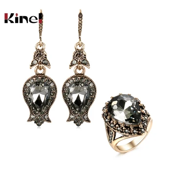

Kinel Vintage Crystal Jewelry Sets Earrings Water Drop Rings For Women Antique Gold Plated Hot Ethnic Bride Wedding Jewelry