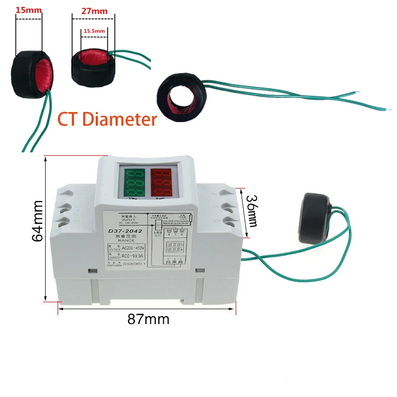 AC 80-300V 200-450V Voltmeter Ammeter Current Monitor Voltage Gauge Volts Indicator AC0.01A-99.9A Air Switch External CT LED