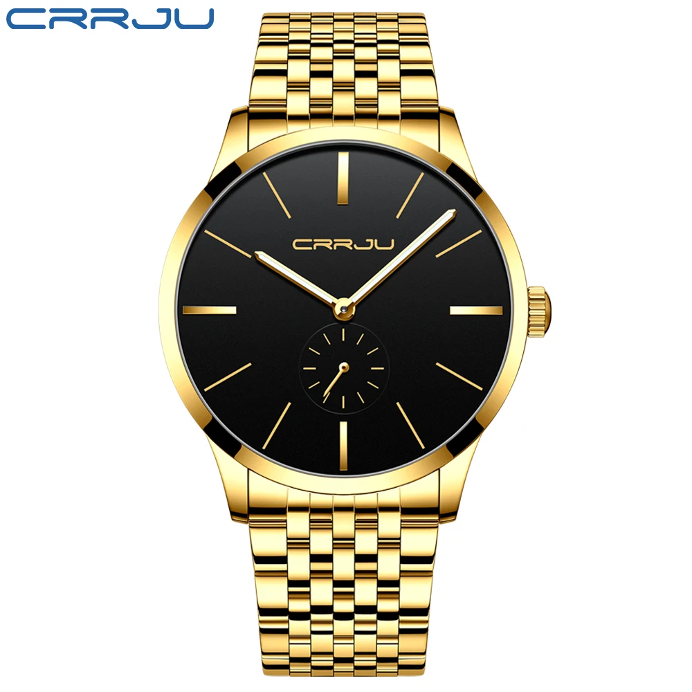 gold black Мужские часы CRRJU Топ бренд класса люкс водонепроницаемые ультра тонкие часы мужские стальной ремешок повседневные кварцевые часы мужские спортивные наручные часы - Цвет: gold black