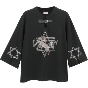 

Cartoon Unicorn Print Split Cotton T Shirts 2020 Spring V Neck Basic Tee Shirts Three Quarter Sleeve Black T-Shirt For Women Top