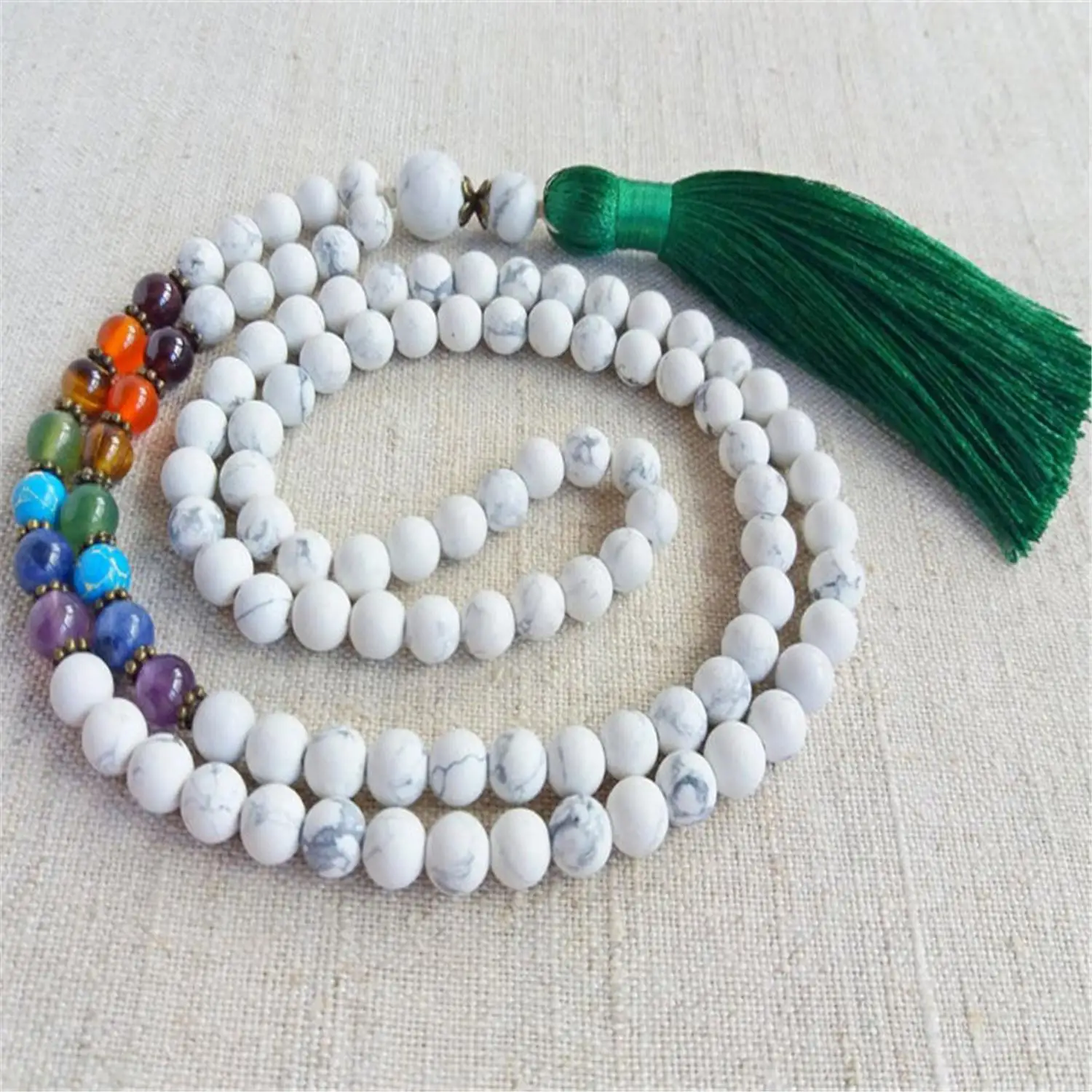 6mm 7 Chakra Howlite 108 Beads Handmade Tassel Necklace Prayer Spirituality Meditation Wristband Tibetan Chakra