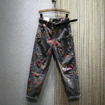 

Flower Jeans Woman 2020 Spring New High-Waist Loose harem Pants Personality Printed Denim Pants Women's Jeans r399
