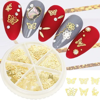 

240pcs/Wheel 3D Gold Metal Nail Art Sticker Decoration Mix 6 Styles Butterfly Design Tiny Slice DIY Nail Accessories
