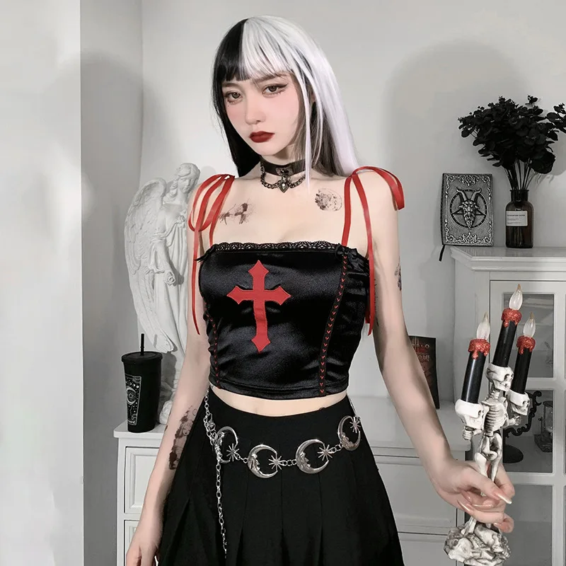 Dark Gothic Women Short Length Camis 2021 Hipster Lady Cross Red Cross Lace Spliced Strap Bow Sexy Camisole Cool Streetwear