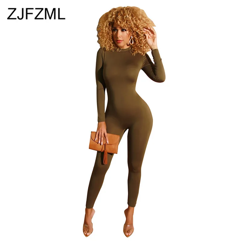 Однотонный комбинезон на молнии с повязкой, женские облегающие комбинезоны с длинным рукавом, осень, элегантные женские длинные облегающие комбинезоны