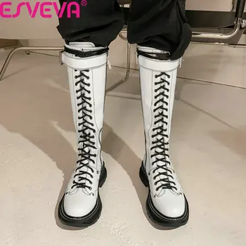 

ESVEVA 2021 Buckle Lace Up Zipper Fashion Women Shoes Round Toe Knee High Boots Square Heel PU Leather Ladies Pumps Size 34-39