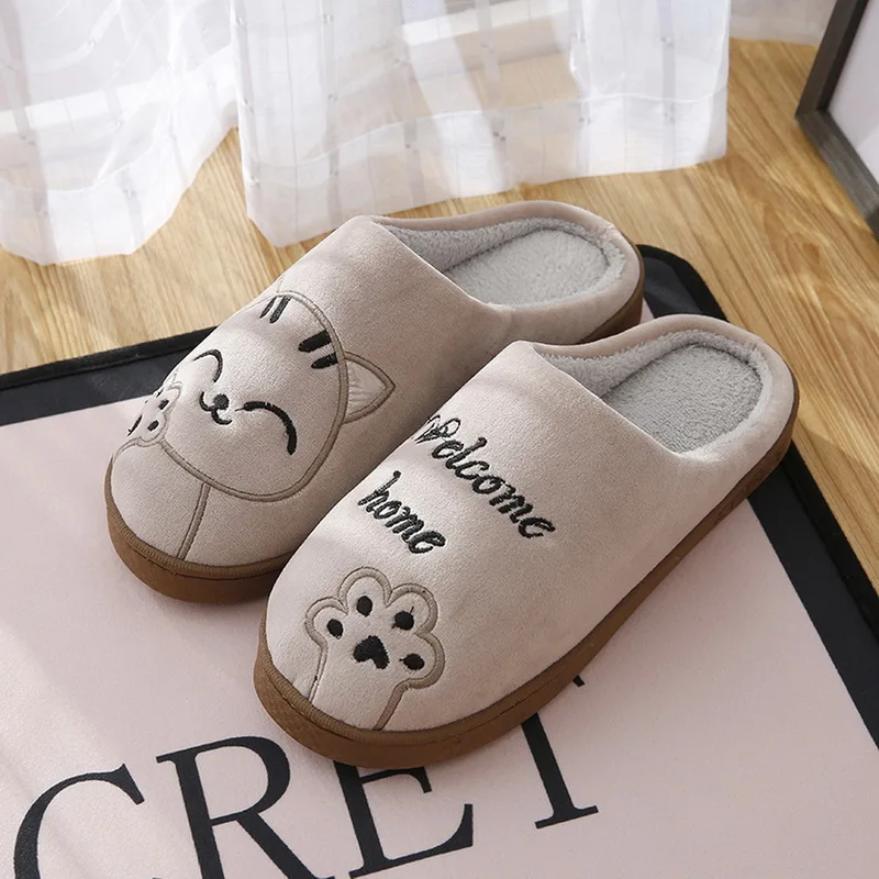 

2019 Fashion Unisex Winter Cotton Indoor Slippers New Women Men Warm Comfort Non-Slip Flat Slippers Cute Cats Soft House Shoes