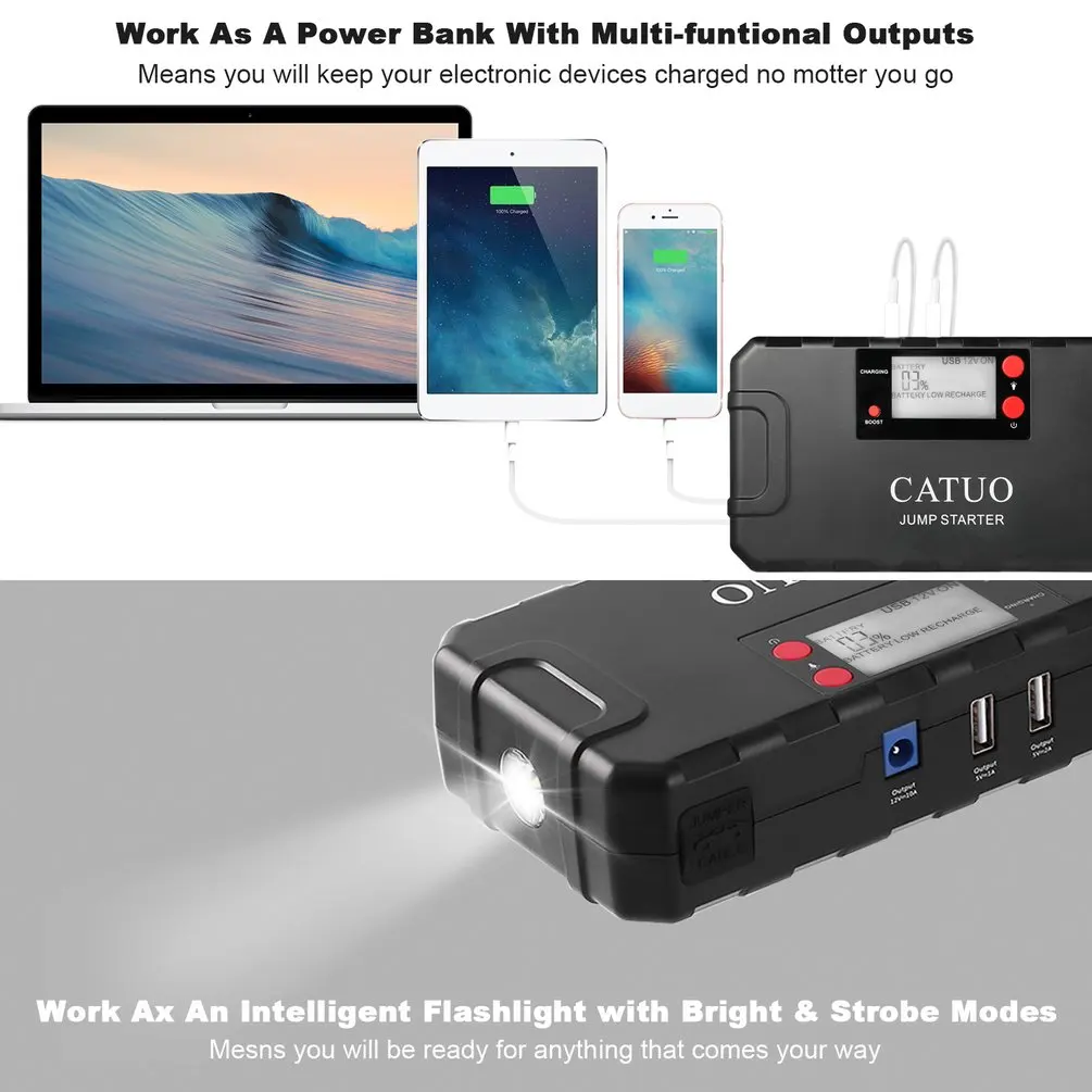 CATUO 13600 мАч портативный автомобильный стартер с зарядным устройством USB светодиодный фонарик для грузового автомобиля лодки JP