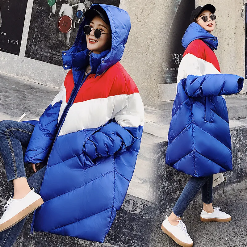 

2018 Winter Tricolor Fight's Glitter Cotton-padded Clothes Hooded Long Large Pocket