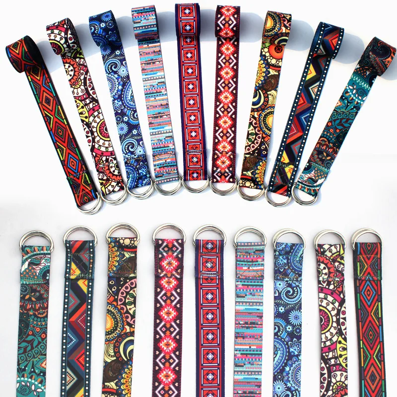 Colored Printed Yoga Belts Cotton Adjustable Sport Exercise Gym Waist Leg Pull Durable Fitness D-Ring Yoga Stretching Strap