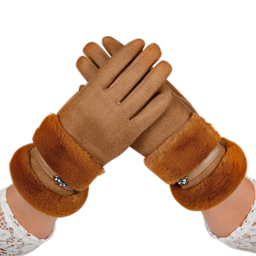 Brown Женские зимние перчатки, однотонные, хлопковые, бархатные, толстые, теплые перчатки, мягкие, полный палец, теплые перчатки, guantes invierno luvas de inverno - Цвет: Brown