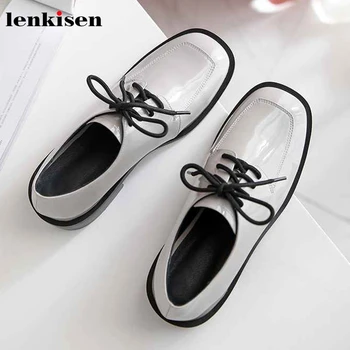 

Lenkisen Korean girl daily wear genuine leather casual shoes square toe med heels women fashion lace up solid simple pumps L55