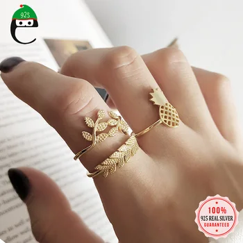 

ElfoPlataSi MInimalist Real 925 Sterling Silver Gold Leaves Pineapple Opening Ring For Fashion Women Hophip Ring Jewelry DA1344