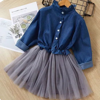

Girls Dress Spring New Girls Long-sleeved Denim Stitching Mesh Dress Princess Dress Baby Clothes Dress Kids Dresses for Girls