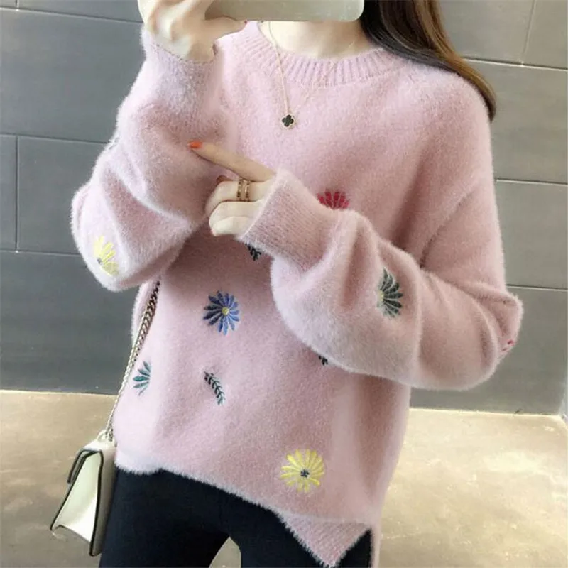 2021 thickening mink fur pullover sweater female ins sets of embroidered long-sleeved autumn and winter women's new loose | Женская