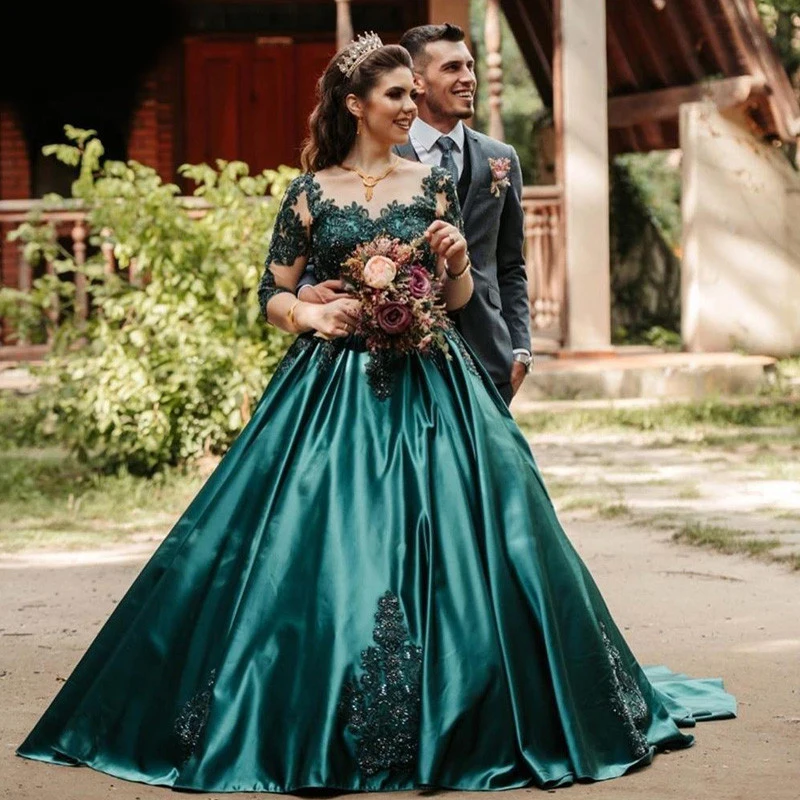 

Dark Green Satin Quinceanera Dresses with Full Sleeve Lace Appliques Beaded Sequined Sweet 16 Dress Long Birthday Party Gowns