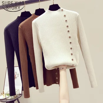 

2019 New Long Sleeve Elasticity Knitted Sweater Women Autumn Winter Half High Neck Slim Solid Bottoming Shirt Button 7245 50