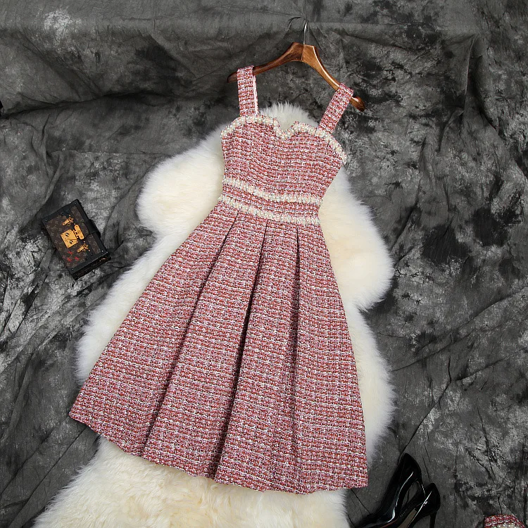 Tweed Suits Ladies Plus Size Beading Short Jacket+Sexy Sleeveless Dresses Two Piece Dress Set Elegant Office Sets Women