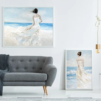 

Hand Painted Abstract long dress Woman the Sea Art Wall Picture Handmade Canvas Oil Painting For Living Room Home Decor
