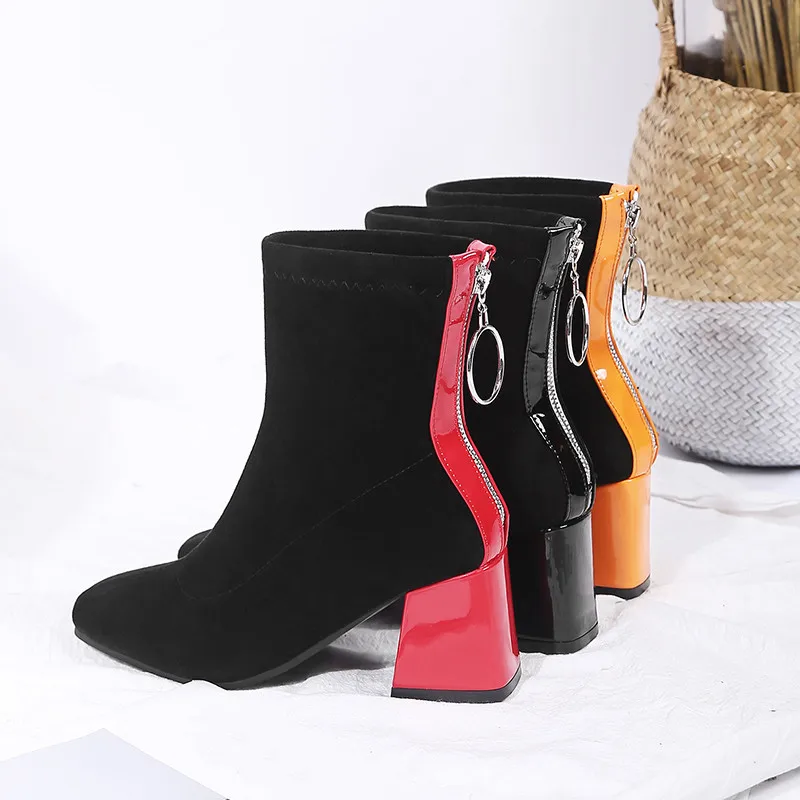 

YQBTDL Fashion Patchwork Red Yellow Hoof Heels Black Flock Sock Ankle Boots for Women Back Zipper Winter Shoes Woman Footwear