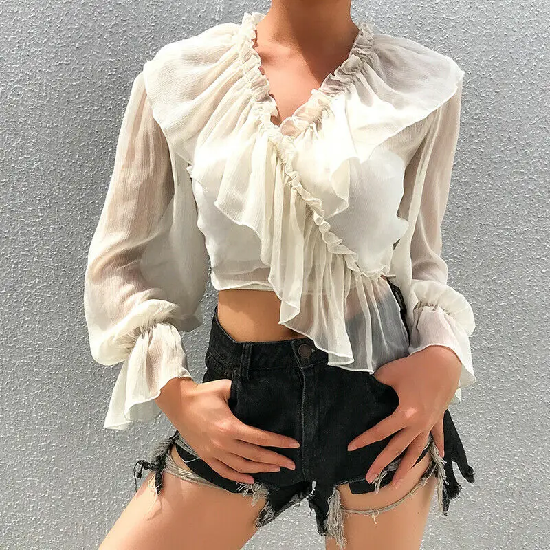 Женские летние повседневные гофрированные с длинным рукавом v-образным вырезом