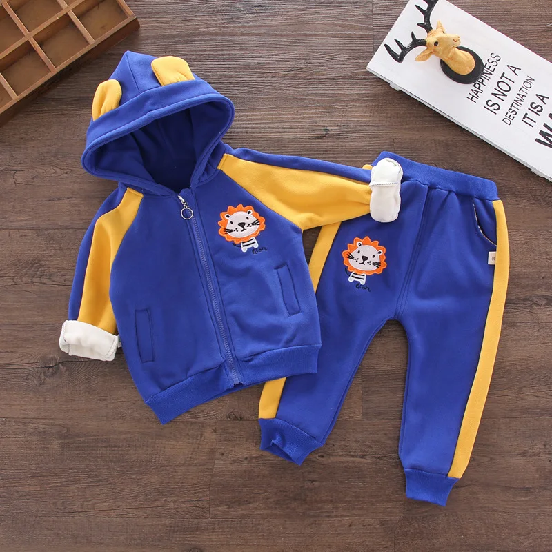 

2019 Children Winter New Style Cartoon Lion Brush Plush plus Velvet Two-Piece Set Korean-style Hooded Warm Hoodie Suit