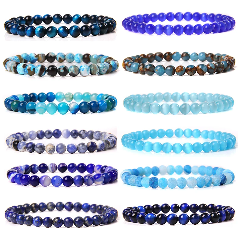 6mm Natural Stone Beads Bracelet Blue Tiger Eye lapis lazuli Beaded Elastic Bracelet For Women Men Yoga Energy Jewelry