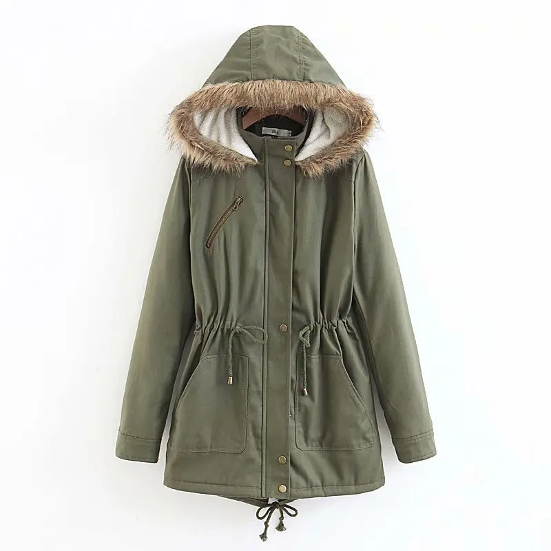 

2018 New Style Cotton Coat Korean-style Hooded Large Fur Collar Waist Hugging Brushed And Thick Warm Mid-length Cotton-padded Cl